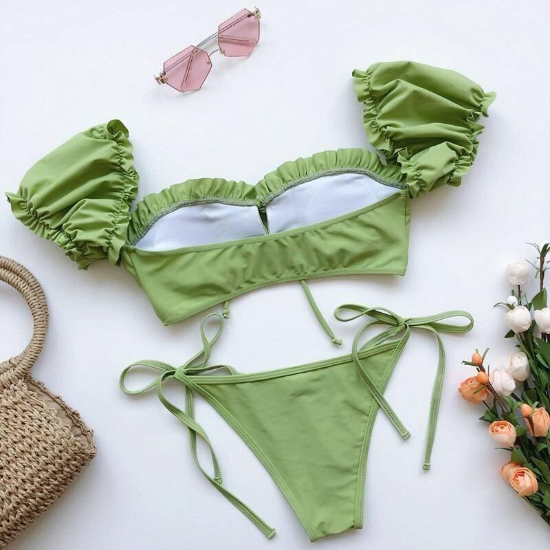 In-X Solid white ruffle swimsuit female Bandeau bikini 2020 Short sleeve swimwear women Tie side bathing suit High cut Biquini