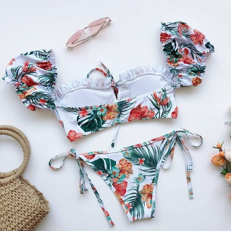 In-X Solid white ruffle swimsuit female Bandeau bikini 2020 Short sleeve swimwear women Tie side bathing suit High cut Biquini