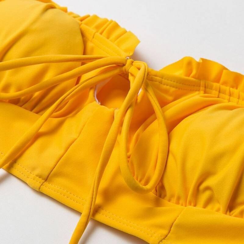 In-X Solid white ruffle swimsuit female Bandeau bikini 2020 Short sleeve swimwear women Tie side bathing suit High cut Biquini