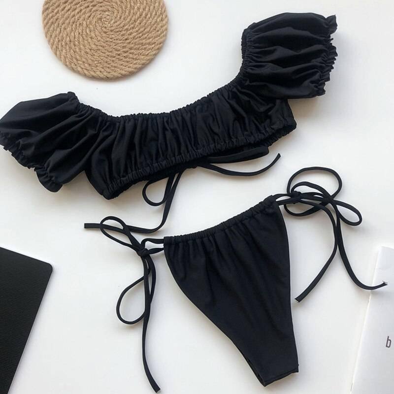 In-X Solid white ruffle swimsuit female Bandeau bikini 2020 Short sleeve swimwear women Tie side bathing suit High cut Biquini