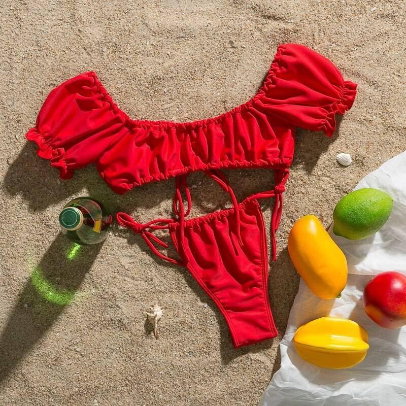 In-X Solid white ruffle swimsuit female Bandeau bikini 2020 Short sleeve swimwear women Tie side bathing suit High cut Biquini