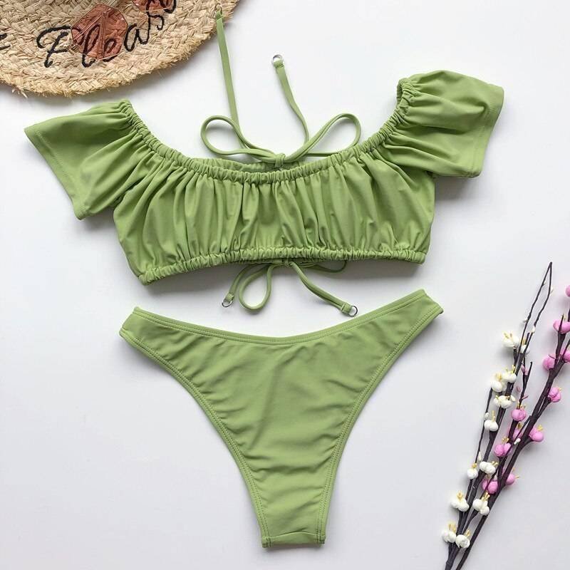 In-X Solid white ruffle swimsuit female Bandeau bikini 2020 Short sleeve swimwear women Tie side bathing suit High cut Biquini