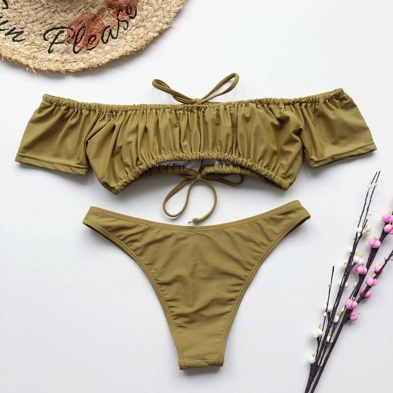 In-X Solid white ruffle swimsuit female Bandeau bikini 2020 Short sleeve swimwear women Tie side bathing suit High cut Biquini