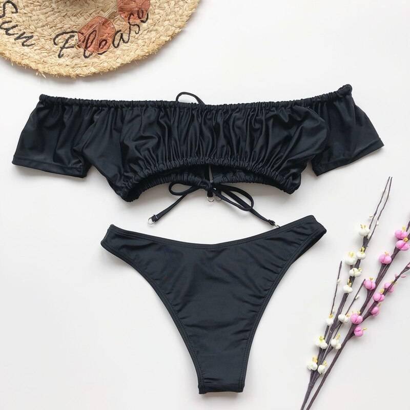 In-X Solid white ruffle swimsuit female Bandeau bikini 2020 Short sleeve swimwear women Tie side bathing suit High cut Biquini