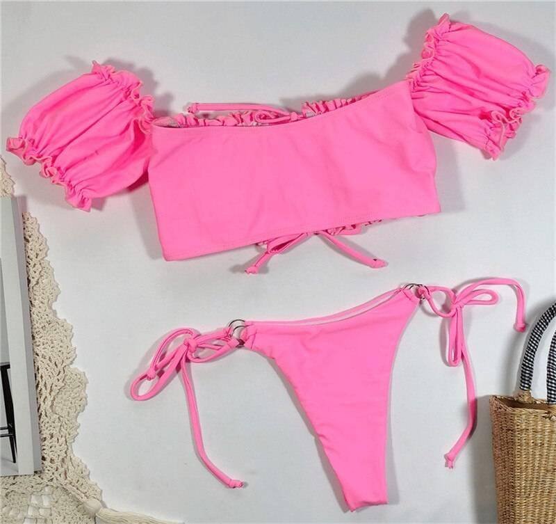 In-X Solid white ruffle swimsuit female Bandeau bikini 2020 Short sleeve swimwear women Tie side bathing suit High cut Biquini