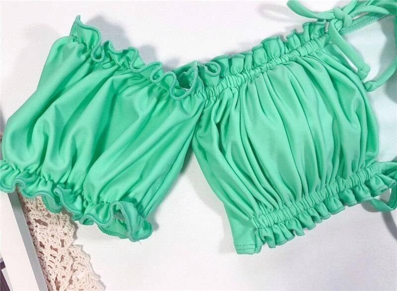 In-X Solid white ruffle swimsuit female Bandeau bikini 2020 Short sleeve swimwear women Tie side bathing suit High cut Biquini