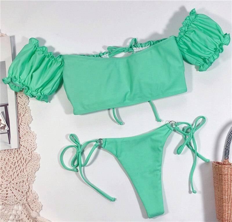 In-X Solid white ruffle swimsuit female Bandeau bikini 2020 Short sleeve swimwear women Tie side bathing suit High cut Biquini