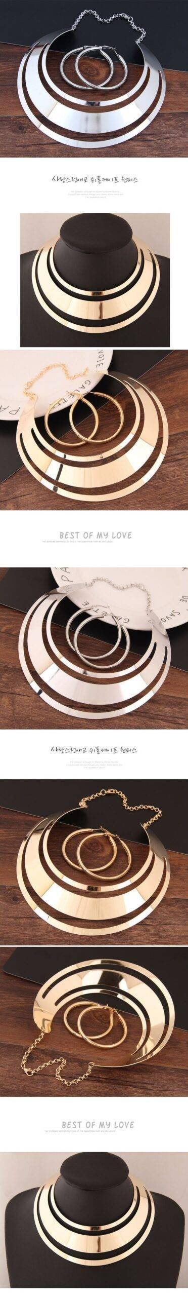 KMVEXO Trendy Gold Metal Torques Necklace Round Earrings Sets Women Party Statement Jewelry Dress Accessories Bijoux Female Gift