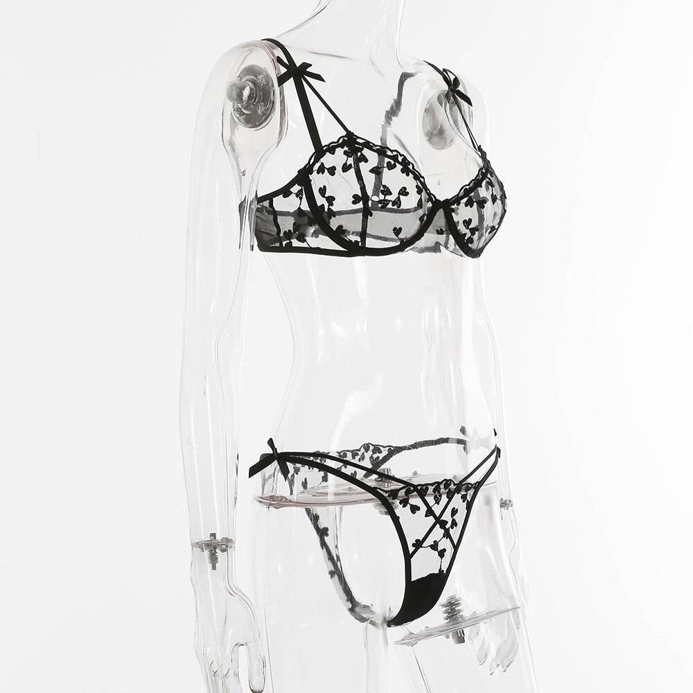 New Arrival Mature Women's Underwear Love Embroidery Transparent Push Up Bra 2 Pieces Set Erotic Thin Sexy Lingerie