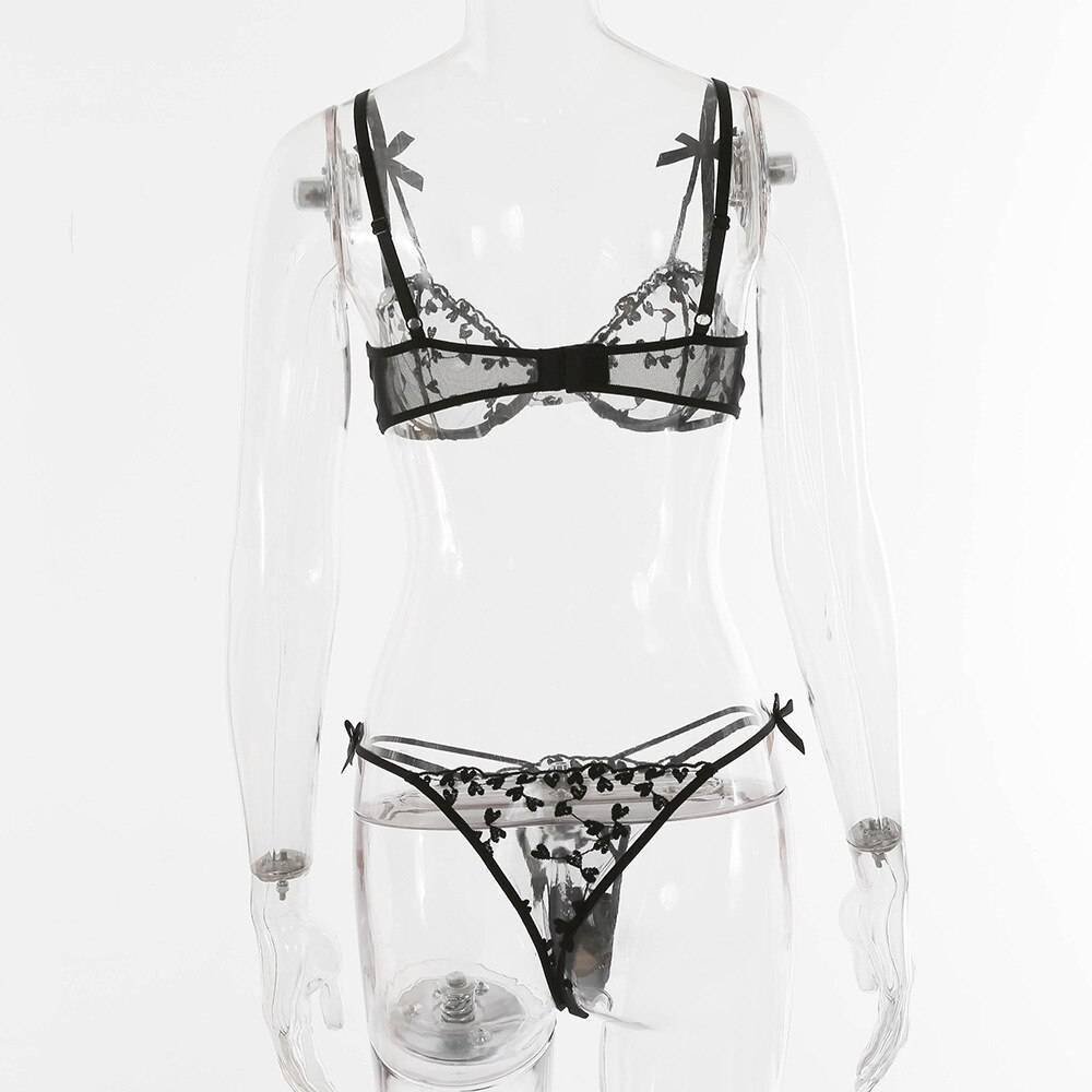 New Arrival Mature Women's Underwear Love Embroidery Transparent Push Up Bra 2 Pieces Set Erotic Thin Sexy Lingerie