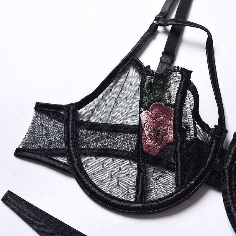 Rose Flower Embroidery Ladies Sexy Lingerie Summer Translucent Thin Exotic Bra And Panties Underwear Two Pieces Sensual Set