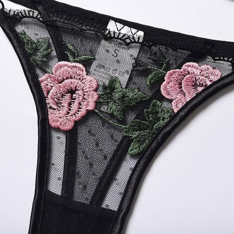 Rose Flower Embroidery Ladies Sexy Lingerie Summer Translucent Thin Exotic Bra And Panties Underwear Two Pieces Sensual Set