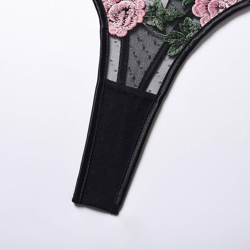 Rose Flower Embroidery Ladies Sexy Lingerie Summer Translucent Thin Exotic Bra And Panties Underwear Two Pieces Sensual Set