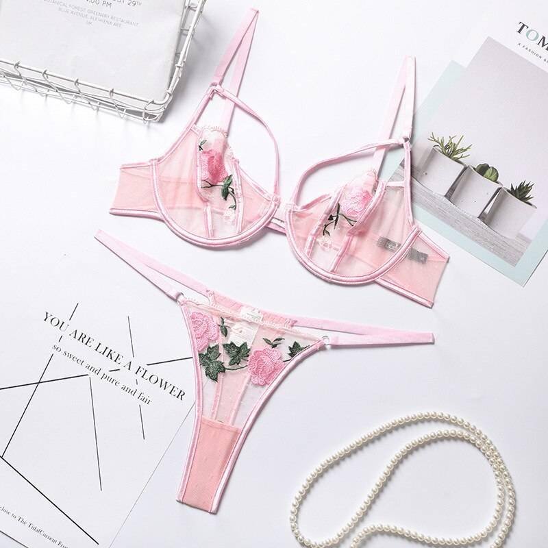 Rose Flower Embroidery Ladies Sexy Lingerie Summer Translucent Thin Exotic Bra And Panties Underwear Two Pieces Sensual Set