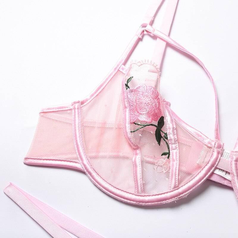 Rose Flower Embroidery Ladies Sexy Lingerie Summer Translucent Thin Exotic Bra And Panties Underwear Two Pieces Sensual Set