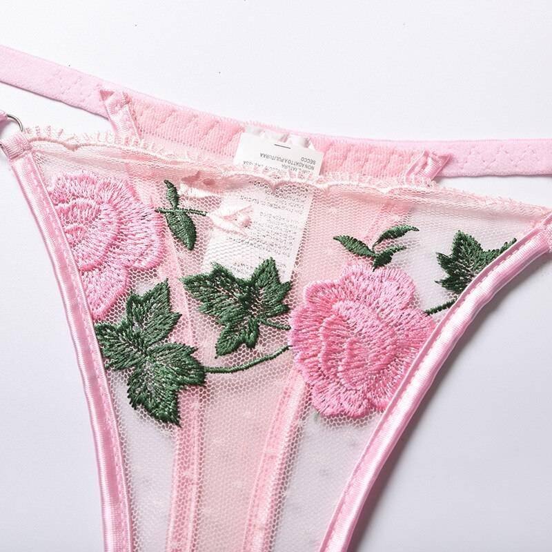 Rose Flower Embroidery Ladies Sexy Lingerie Summer Translucent Thin Exotic Bra And Panties Underwear Two Pieces Sensual Set