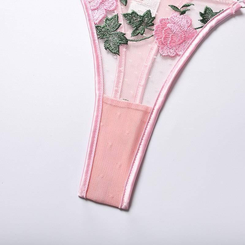 Rose Flower Embroidery Ladies Sexy Lingerie Summer Translucent Thin Exotic Bra And Panties Underwear Two Pieces Sensual Set