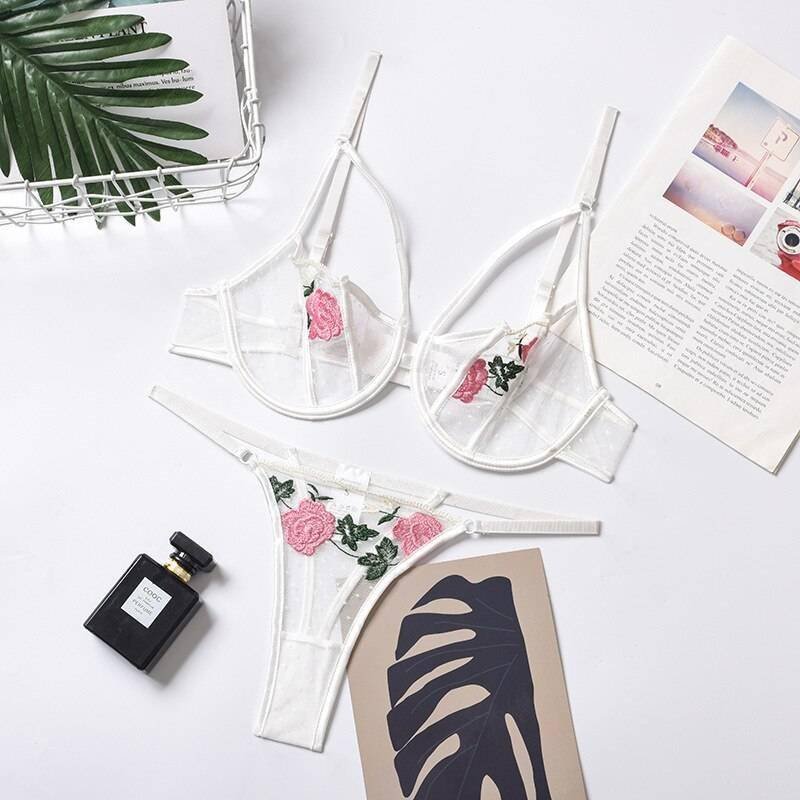 Rose Flower Embroidery Ladies Sexy Lingerie Summer Translucent Thin Exotic Bra And Panties Underwear Two Pieces Sensual Set