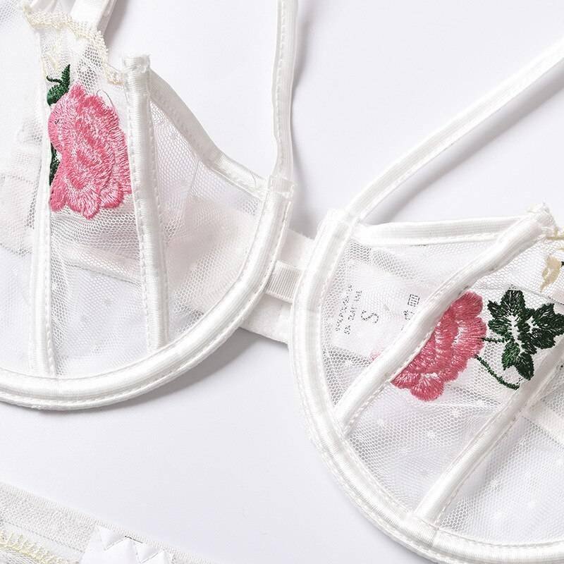 Rose Flower Embroidery Ladies Sexy Lingerie Summer Translucent Thin Exotic Bra And Panties Underwear Two Pieces Sensual Set