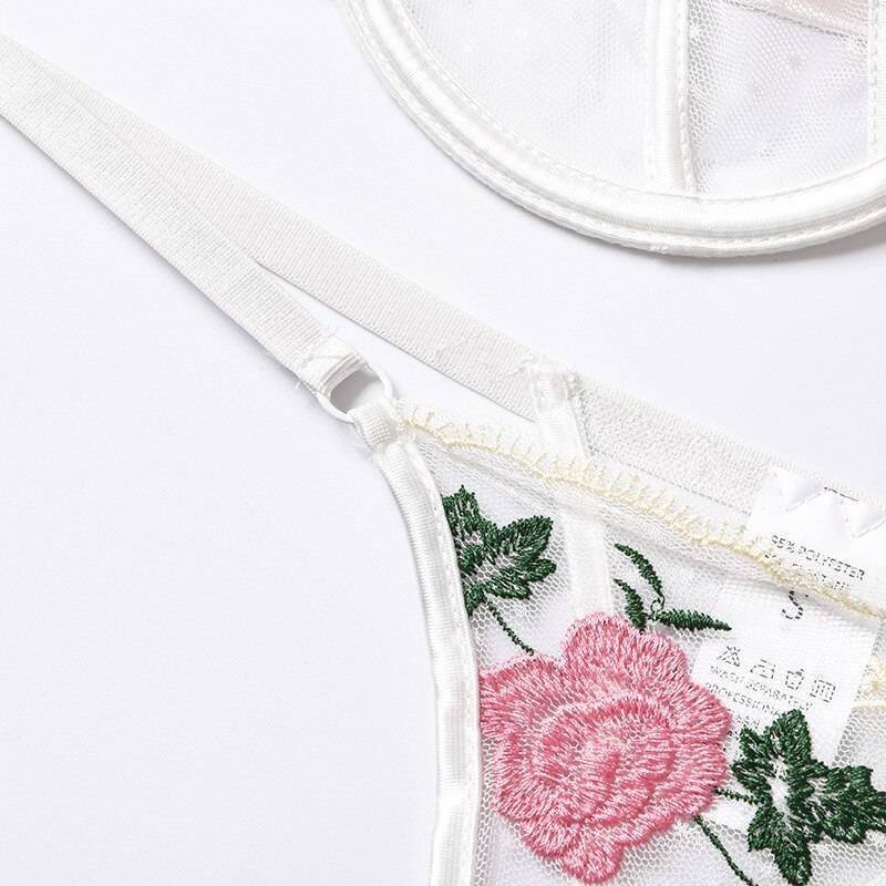 Rose Flower Embroidery Ladies Sexy Lingerie Summer Translucent Thin Exotic Bra And Panties Underwear Two Pieces Sensual Set