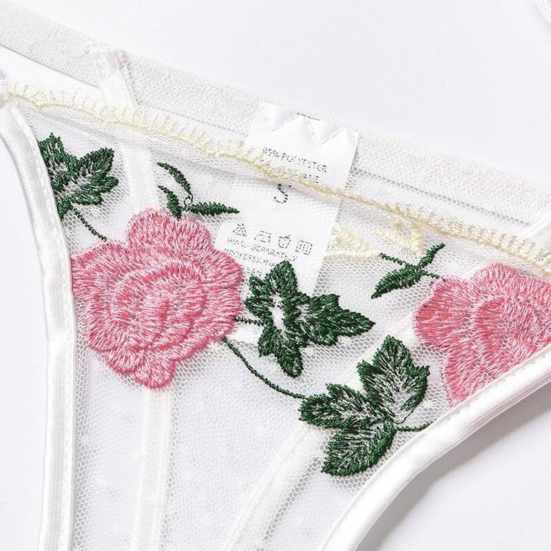 Rose Flower Embroidery Ladies Sexy Lingerie Summer Translucent Thin Exotic Bra And Panties Underwear Two Pieces Sensual Set