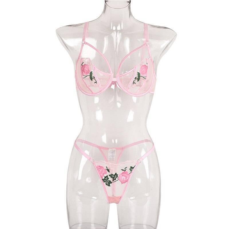 Rose Flower Embroidery Ladies Sexy Lingerie Summer Translucent Thin Exotic Bra And Panties Underwear Two Pieces Sensual Set