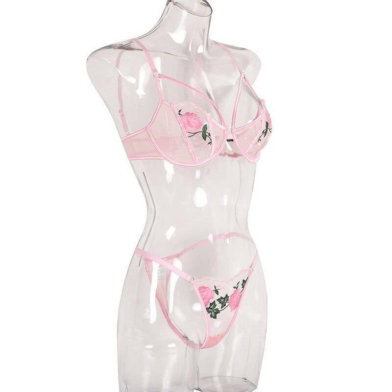 Rose Flower Embroidery Ladies Sexy Lingerie Summer Translucent Thin Exotic Bra And Panties Underwear Two Pieces Sensual Set