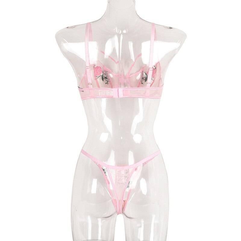 Rose Flower Embroidery Ladies Sexy Lingerie Summer Translucent Thin Exotic Bra And Panties Underwear Two Pieces Sensual Set