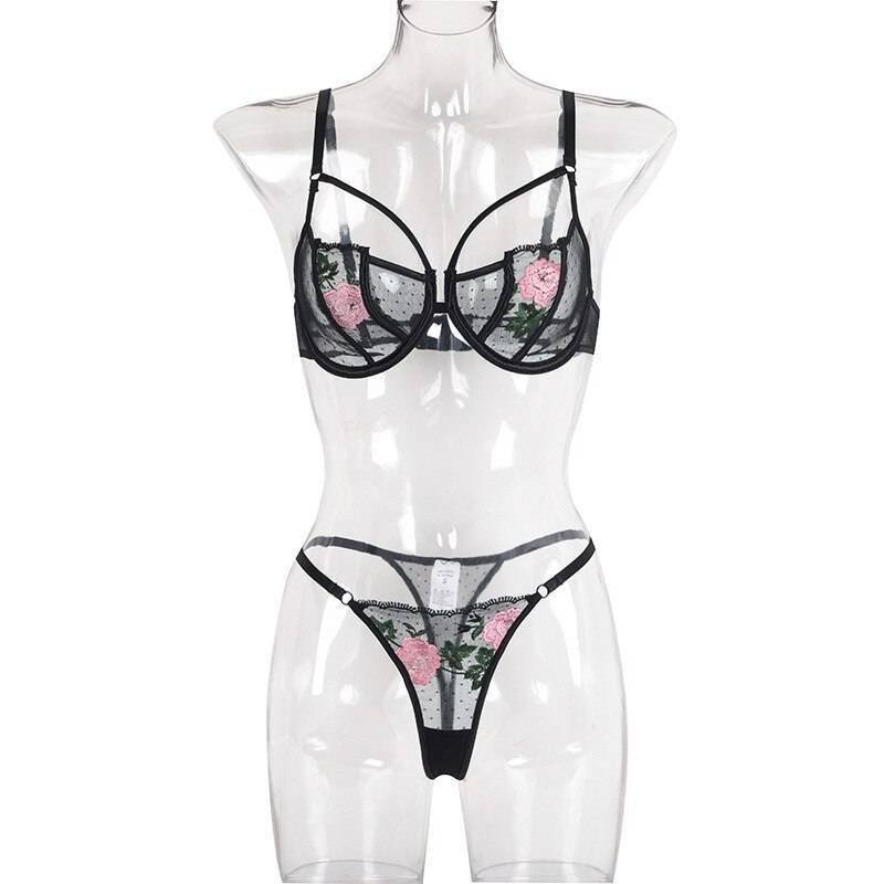 Rose Flower Embroidery Ladies Sexy Lingerie Summer Translucent Thin Exotic Bra And Panties Underwear Two Pieces Sensual Set