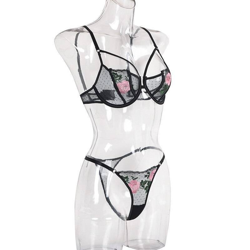 Rose Flower Embroidery Ladies Sexy Lingerie Summer Translucent Thin Exotic Bra And Panties Underwear Two Pieces Sensual Set