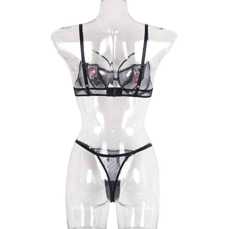 Rose Flower Embroidery Ladies Sexy Lingerie Summer Translucent Thin Exotic Bra And Panties Underwear Two Pieces Sensual Set