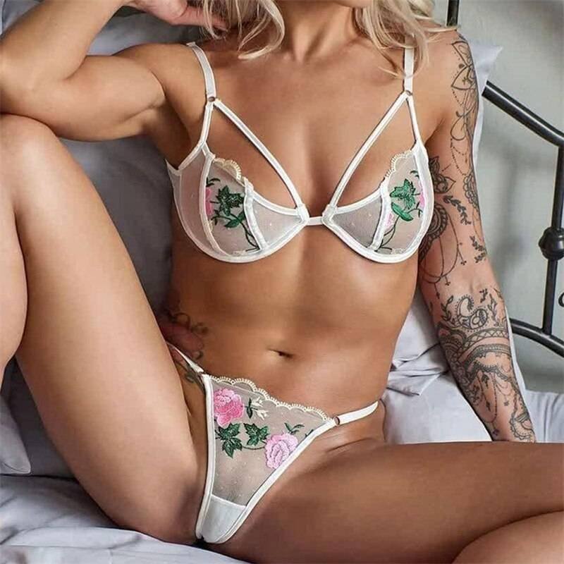Rose Flower Embroidery Ladies Sexy Lingerie Summer Translucent Thin Exotic Bra And Panties Underwear Two Pieces Sensual Set