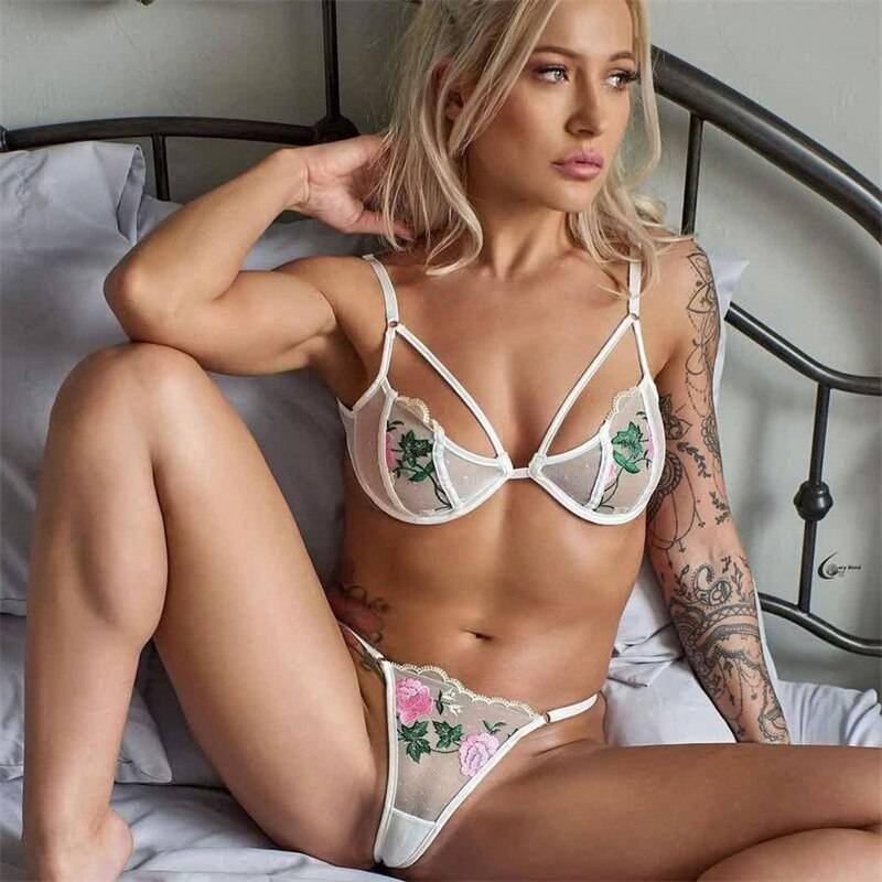 Rose Flower Embroidery Ladies Sexy Lingerie Summer Translucent Thin Exotic Bra And Panties Underwear Two Pieces Sensual Set