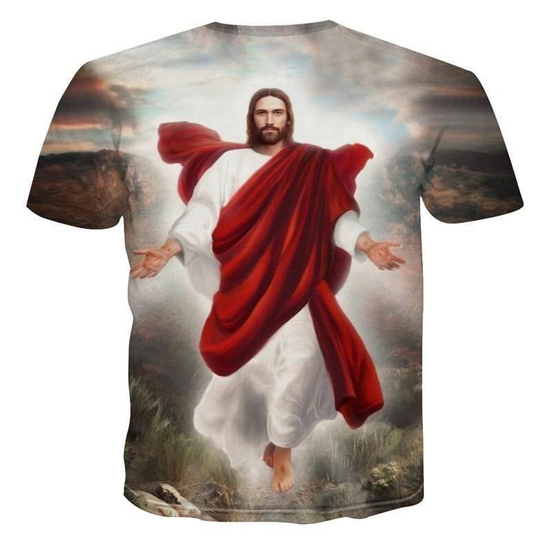 Summer Homme Clothing Casual Harajuku Short Sleeve Tee Shirts Religion Christ God Myth Cartoon 3D Jesus Print Top Men T-Shirt