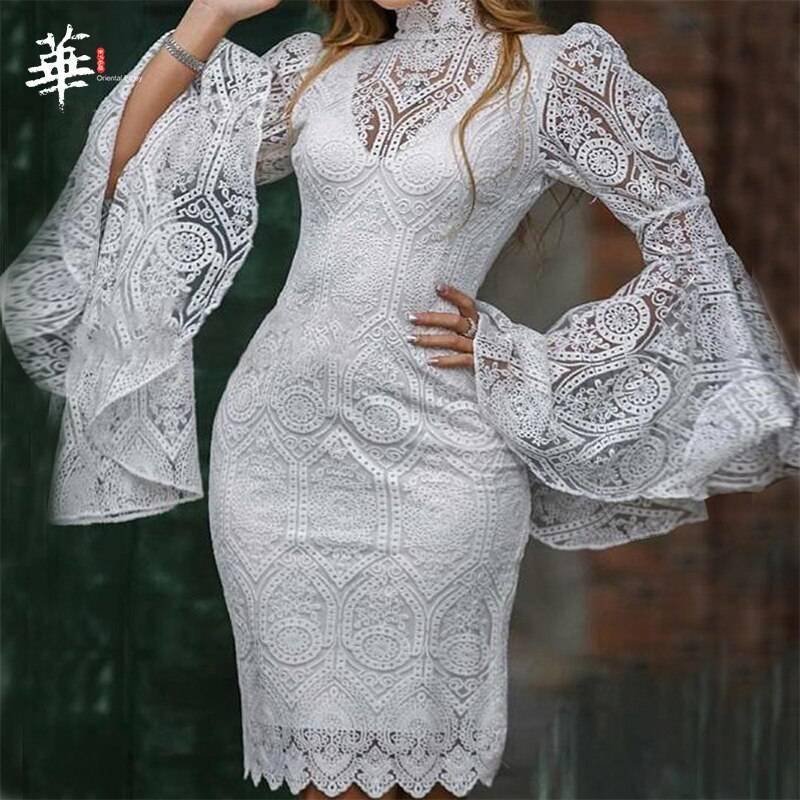 White Dress Women Midi Dress for Women Long Sleeve Bodycon Sexy Dress Lace Party Dresses for Women Femme Robe Vestidos
