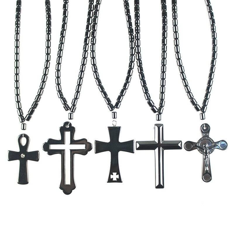 1 Piece Hematite Black Cross Pendant Necklace Religious Christianity Jewelry Handmade Necklace HN001
